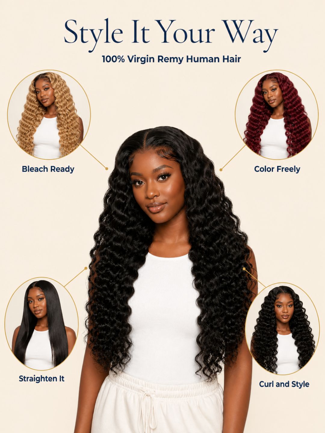 Peluca Deep Wave HD Lace Cabello Humano Virgin Remy - Textura Definida