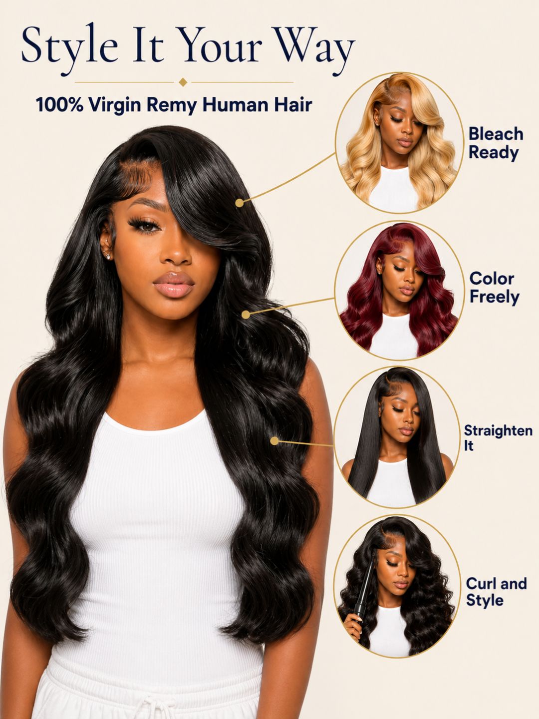 Peluca Body Wave HD Lace Cabello Humano Virgin Remy - Ondas Suaves Naturales